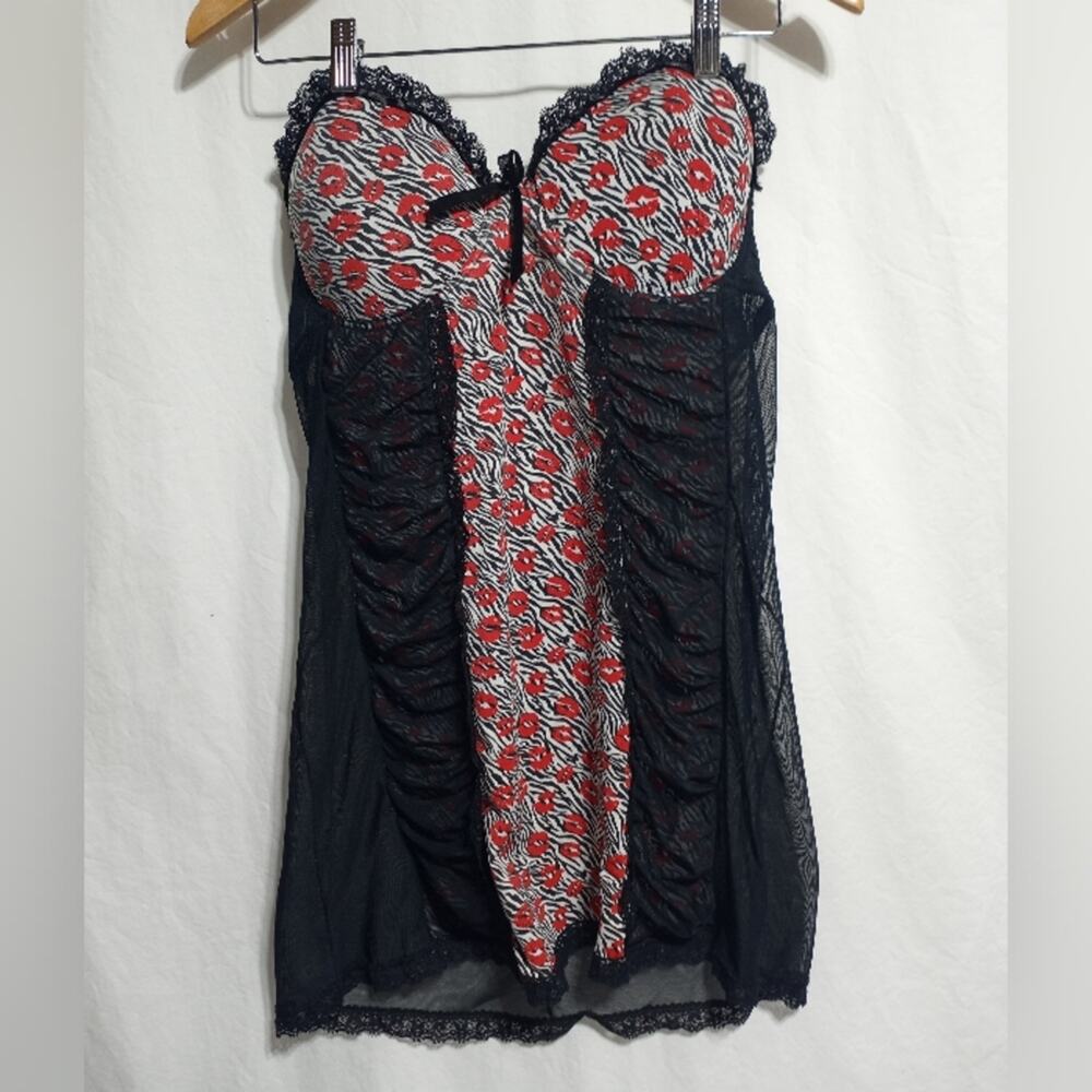 Per Lei Black Zebra Print Lips Lace Sheer Lingerine Bustier Size 2X